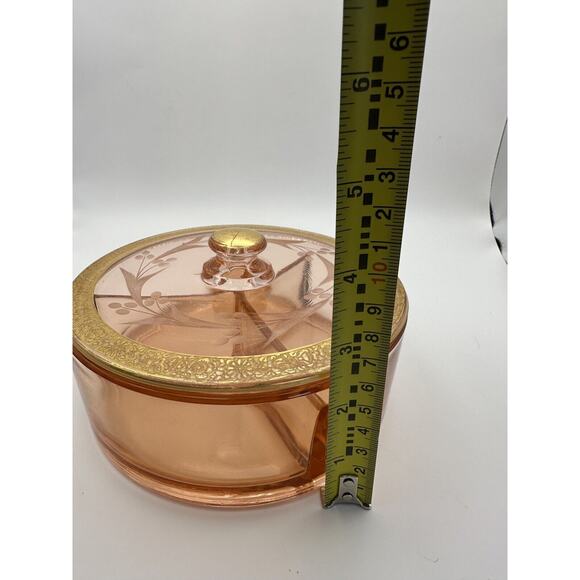 Pink Depression Glass 3 Section Gilt and Etched Top Dressing Table Box RARE! - Picture 8 of 8
